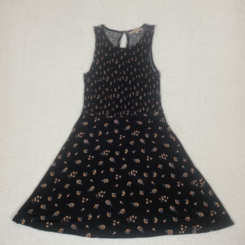 Loft Smocked Bodice Flare Boho Cottagecore Rayon Black Floral Dress Size 2 - Picture 1 of 6